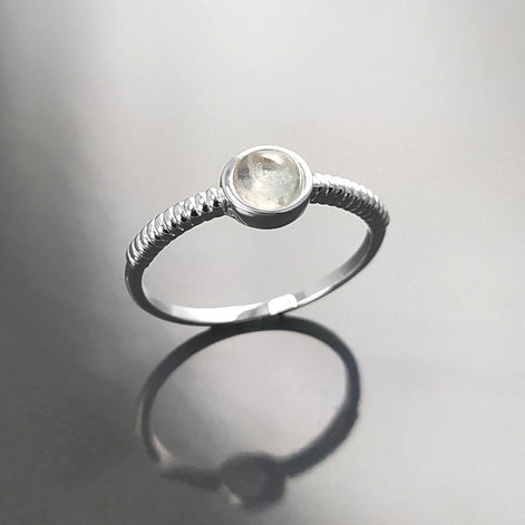 925 Round Moonstone Ring, Sterling Silver, Rainbow Gemstone, Small Domed Stone, Modern Ethnic Chic Braided Band Shank, Casual Style Jewelry
