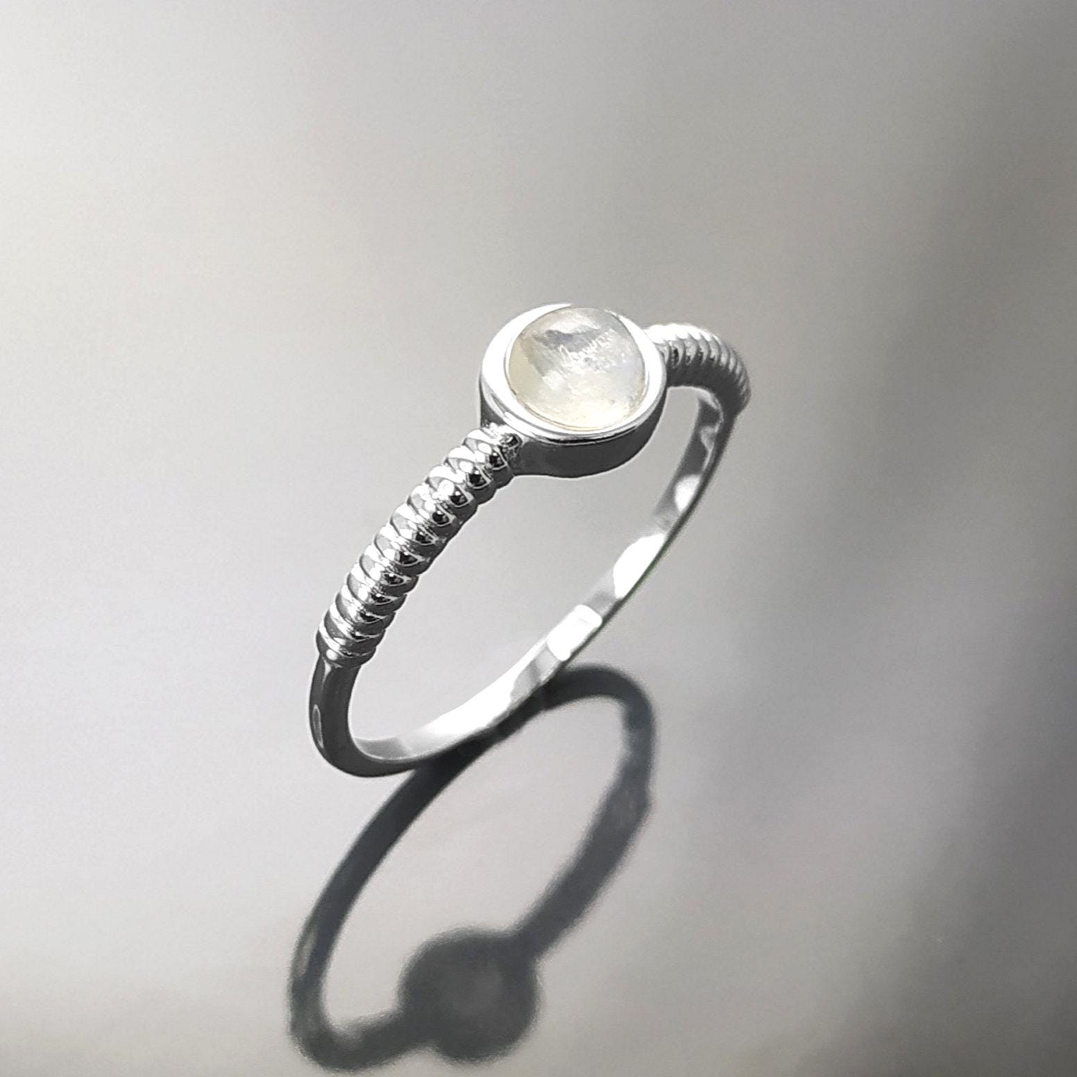 925 Round Moonstone Ring, Sterling Silver, Rainbow Gemstone, Small Domed Stone, Modern Ethnic Chic Braided Band Shank, Casual Style Jewelry