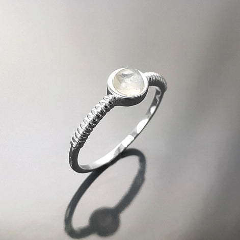 925 Round Moonstone Ring, Sterling Silver, Rainbow Gemstone, Small Domed Stone, Modern Ethnic Chic Braided Band Shank, Casual Style Jewelry