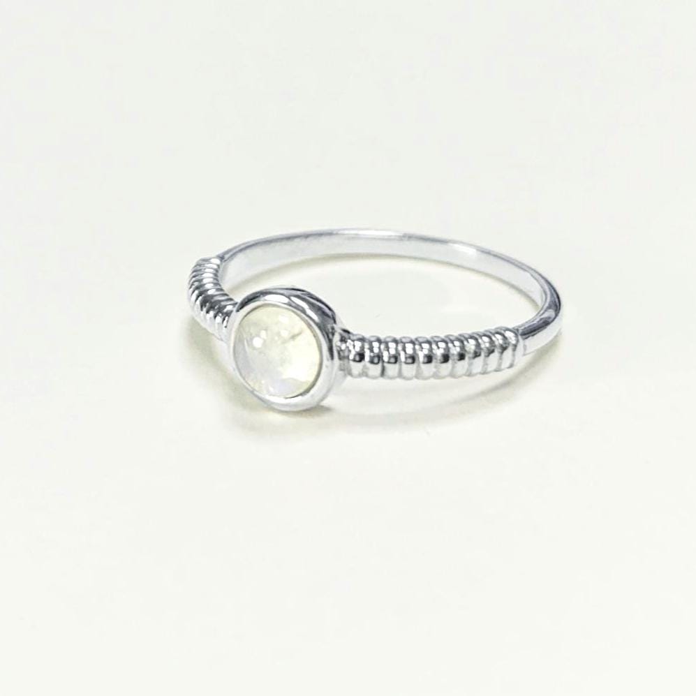 925 Round Moonstone Ring, Sterling Silver, Rainbow Gemstone, Small Domed Stone, Modern Ethnic Chic Braided Band Shank, Casual Style Jewelry