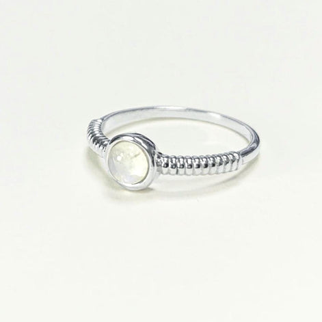 925 Round Moonstone Ring, Sterling Silver, Rainbow Gemstone, Small Domed Stone, Modern Ethnic Chic Braided Band Shank, Casual Style Jewelry