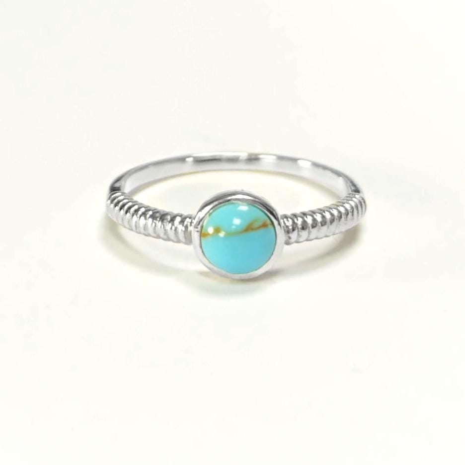 925 Sterling Silver Turquoise 5mm Ring, Modern Braided Band, Chic Casual Jewelry, Small Stone Ring