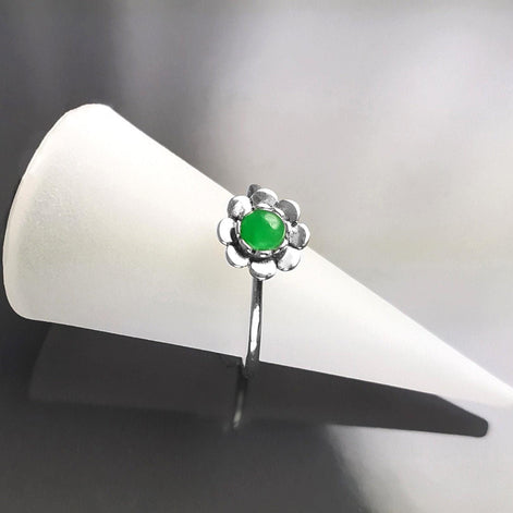 925 Jade Ring, sterling silver, natural green jade stone ring, dainty round flower ring, Pinky nature floral ring
