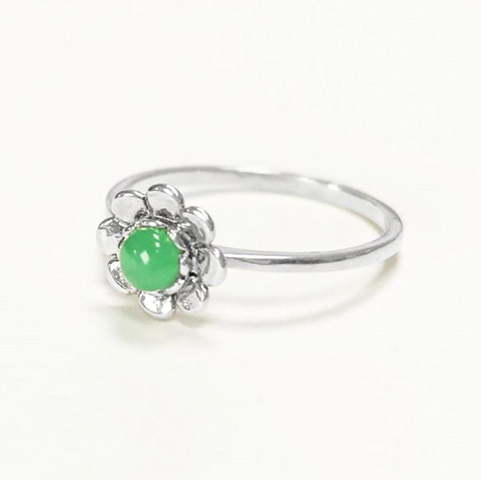 925 Jade Ring, sterling silver, natural green jade stone ring, dainty round flower ring, Pinky nature floral ring