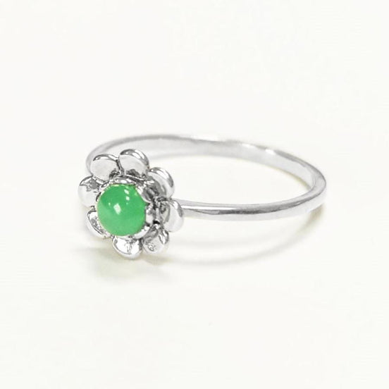 925 Jade Ring, sterling silver, natural green jade stone ring, dainty round flower ring, Pinky nature floral ring