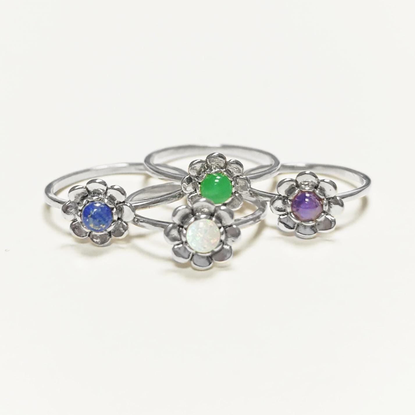 925 Jade Ring, sterling silver, natural green jade stone ring, dainty round flower ring, Pinky nature floral ring