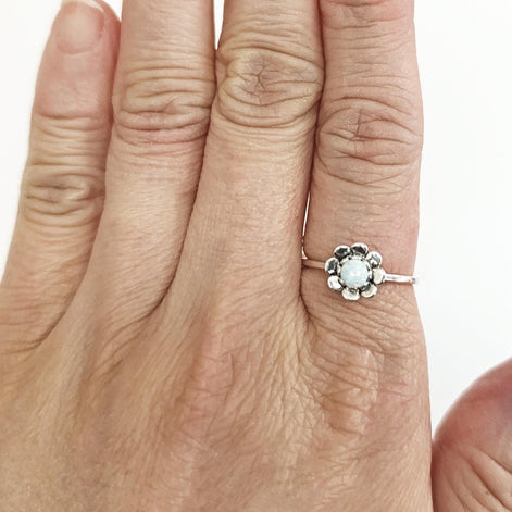 925 Opal Flower Ring, Sterling Silver, Fiery Opal Stone Jewelry, Round White Fire Rainbow Stone Ring, October Birthstone