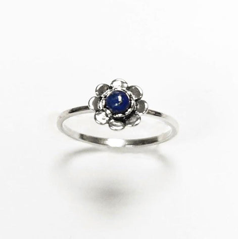 925 Lapis Flower Ring, Sterling Silver, Minimalist Blue Lapis Stone Jewelry, Small Round Lapis Stone Ring, September Birthstone,