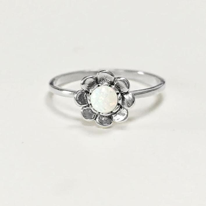 925 Opal Flower Ring, Sterling Silver, Fiery Opal Stone Jewelry, Round White Fire Rainbow Stone Ring, October Birthstone