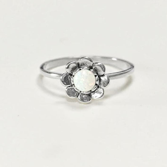 925 Opal Flower Ring, Sterling Silver, Fiery Opal Stone Jewelry, Round White Fire Rainbow Stone Ring, October Birthstone