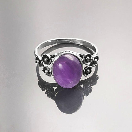 Amethyst Oval Ring, Sterling Silver, Boho Studded Band, Natural Purple Gemstone