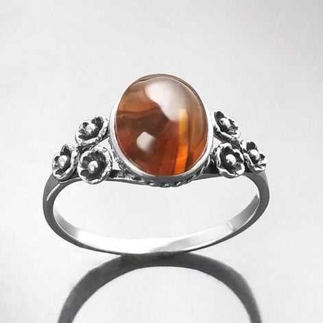 925 Sterling Silver Amber Ring, Vintage Style Amber Ring, Handmade Oval Gemstone Jewelry, Boho Studded Pattern