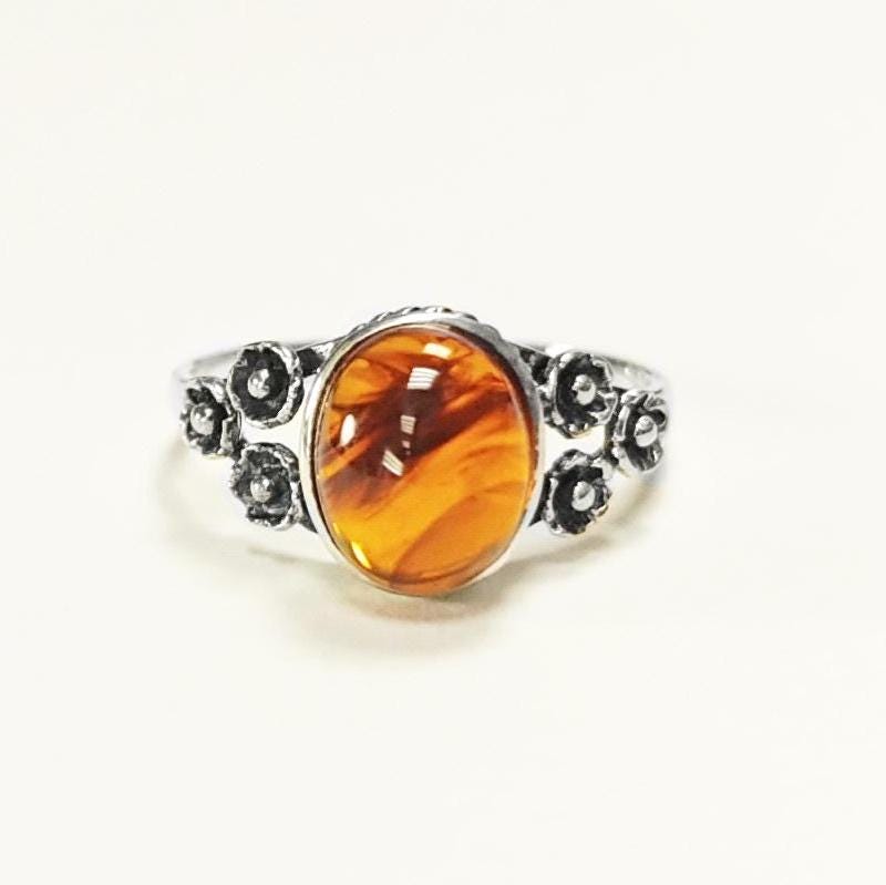 925 Sterling Silver Amber Ring, Vintage Style Amber Ring, Handmade Oval Gemstone Jewelry, Boho Studded Pattern