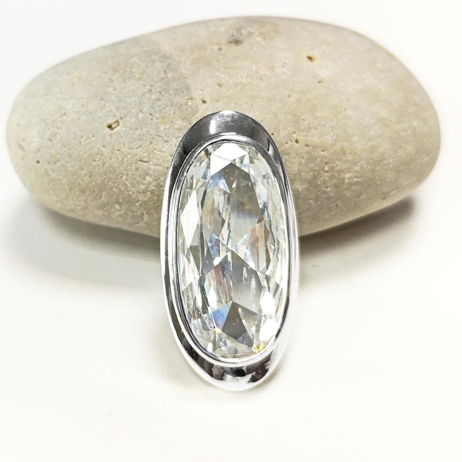 Sterling Silver Pendant 925, Bezel Set Cubic Zirconia Necklace, Shining Oval Stone, Earrings and Pendant Diamond Color Stone, Modern Jewelry