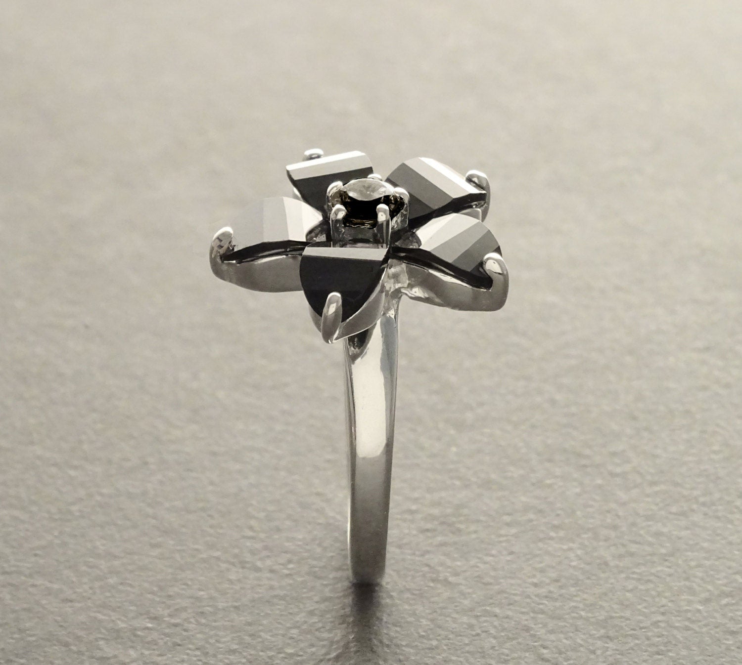 Black flower ring, sterling silver, black color Cz stone, five petals stones flowers, modern dark Gothic jewelry