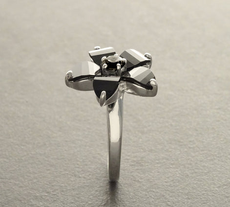 Black flower ring, sterling silver, black color Cz stone, five petals stones flowers, modern dark Gothic jewelry