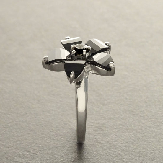 Black flower ring, sterling silver, black color Cz stone, five petals stones flowers, modern dark Gothic jewelry