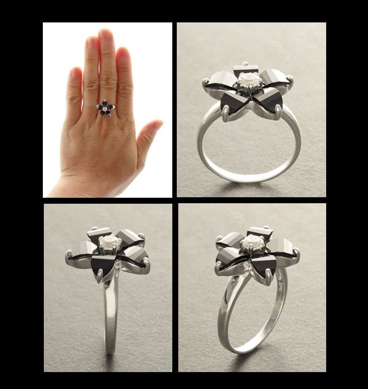 Black Flower Ring, Sterling Silver 925, Black color Zirconias Cz Stones, Bicolor Black and White, Modern Retro Gothic Jewelry