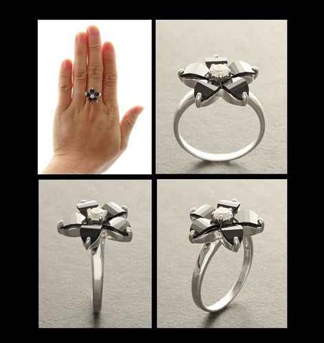 Black Flower Ring, Sterling Silver 925, Black color Zirconias Cz Stones, Bicolor Black and White, Modern Retro Gothic Jewelry
