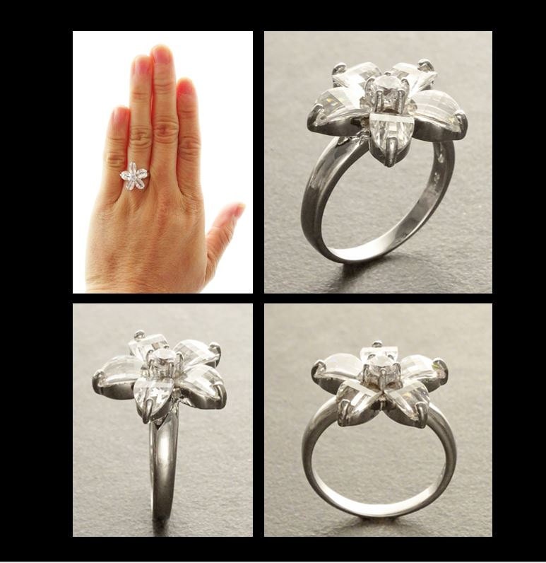 Flower Ring Sterling Silver 925, Clear white Stones color faceted Zirconia Cz , Modern Five Petals Stone Flowers Jewelry