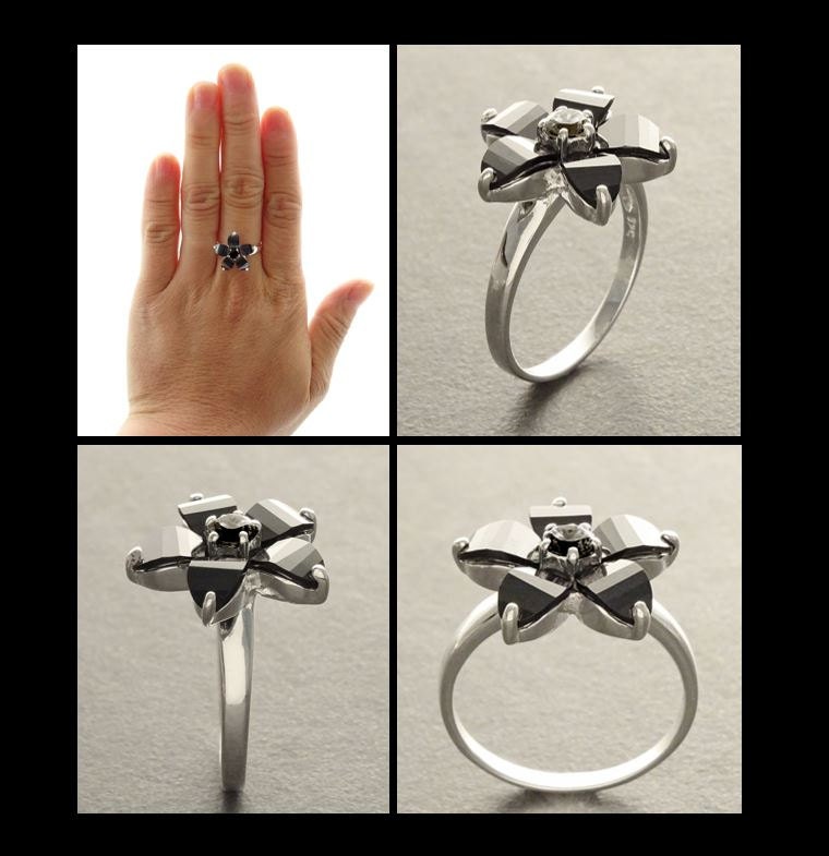 Black flower ring, sterling silver, black color Cz stone, five petals stones flowers, modern dark Gothic jewelry