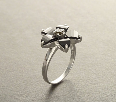 Black flower ring, sterling silver, black color Cz stone, five petals stones flowers, modern dark Gothic jewelry