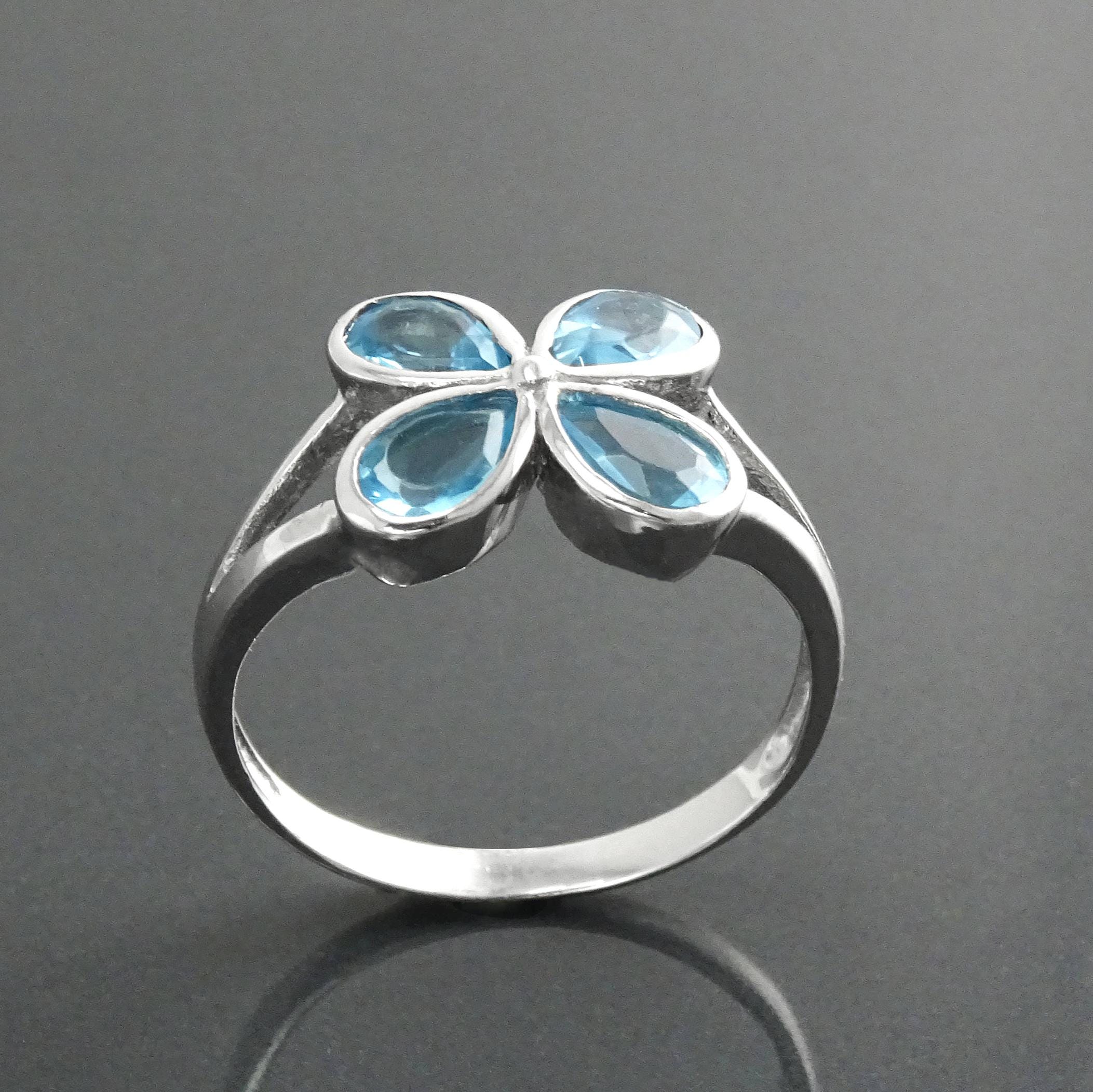 925 Aquamarine Blue cz Flower Ring, Sterling Silver, Minimalist Stone Jewelry, Modern BLUE CZ ring