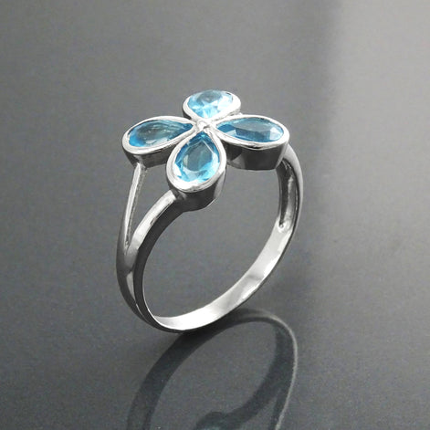 925 Aquamarine Blue cz Flower Ring, Sterling Silver, Minimalist Stone Jewelry, Modern BLUE CZ ring