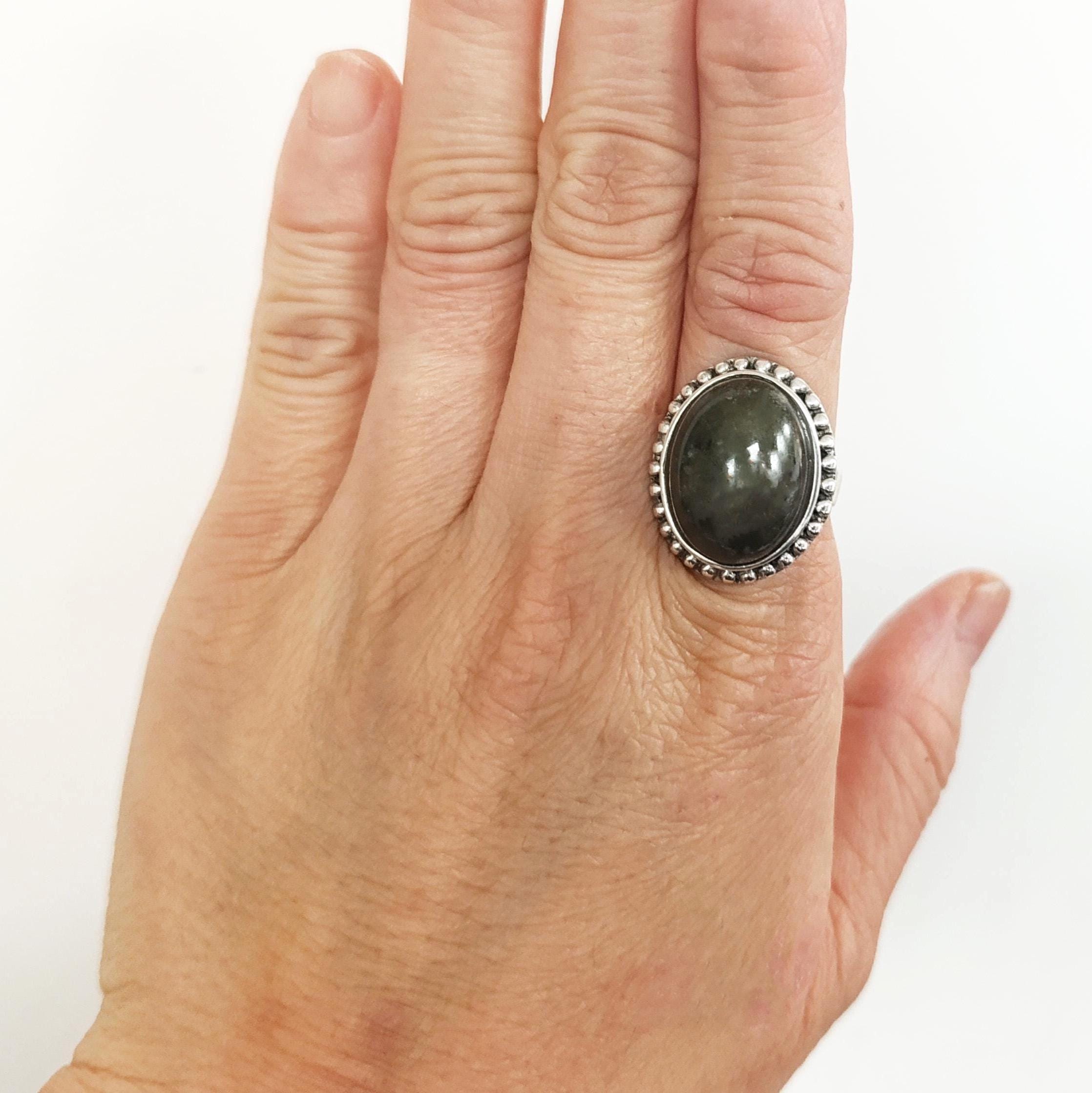NATURAL Labradorite Ring, 925 Sterling Silver, Oval Green Stone Jewelry, Domed Oval Ring, Vintage Boho Antique Rope Design Gift