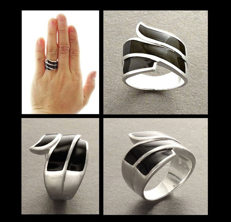 Infinity Ring 925 Silver Wide Black Onyx Wave Cuff Band Women's Jewelry
