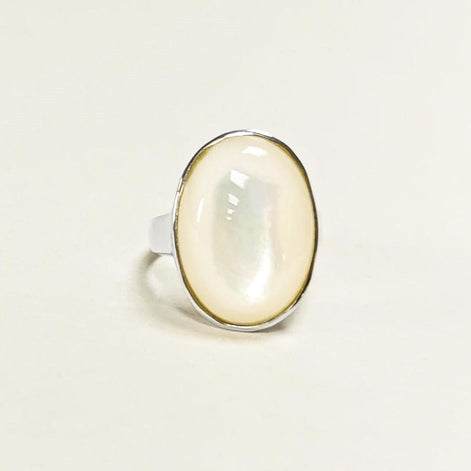 925 domed Oval Mother-of-Pearl Ring, Color Like Pearl Sterling Silver Ring, Hypnotic White Stone