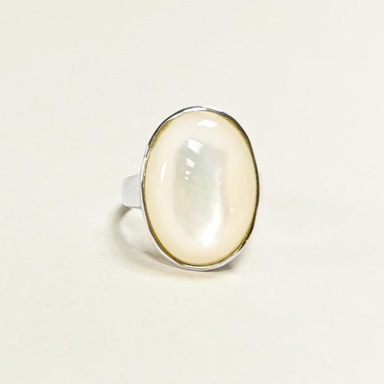 925 domed Oval Mother-of-Pearl Ring, Color Like Pearl Sterling Silver Ring, Hypnotic White Stone
