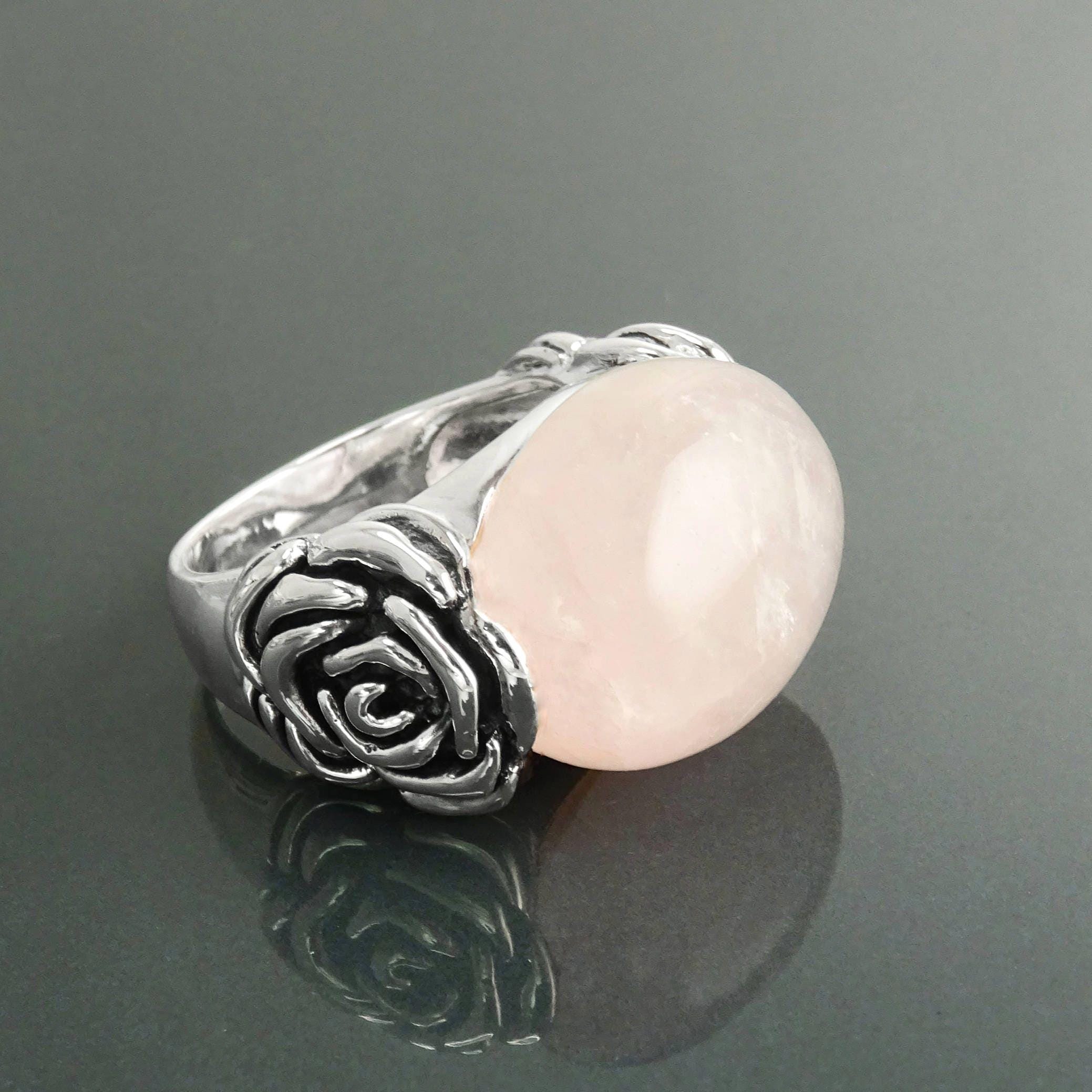 925 Rose Quartz Silver Ring, Sterling Silver jewelry, a Flower motif on each side, Genuine Stone Cabochon, Small Size