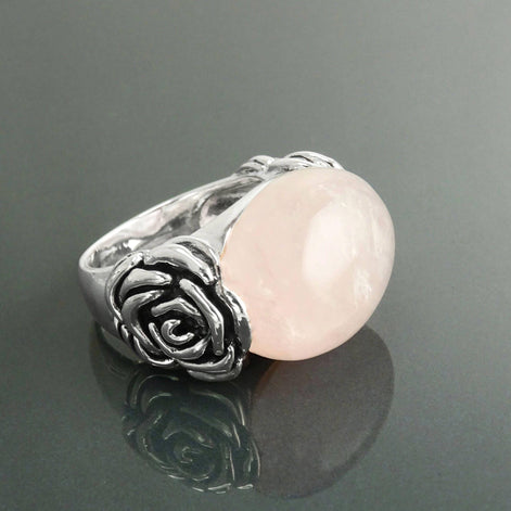 925 Rose Quartz Silver Ring, Sterling Silver jewelry, a Flower motif on each side, Genuine Stone Cabochon, Small Size
