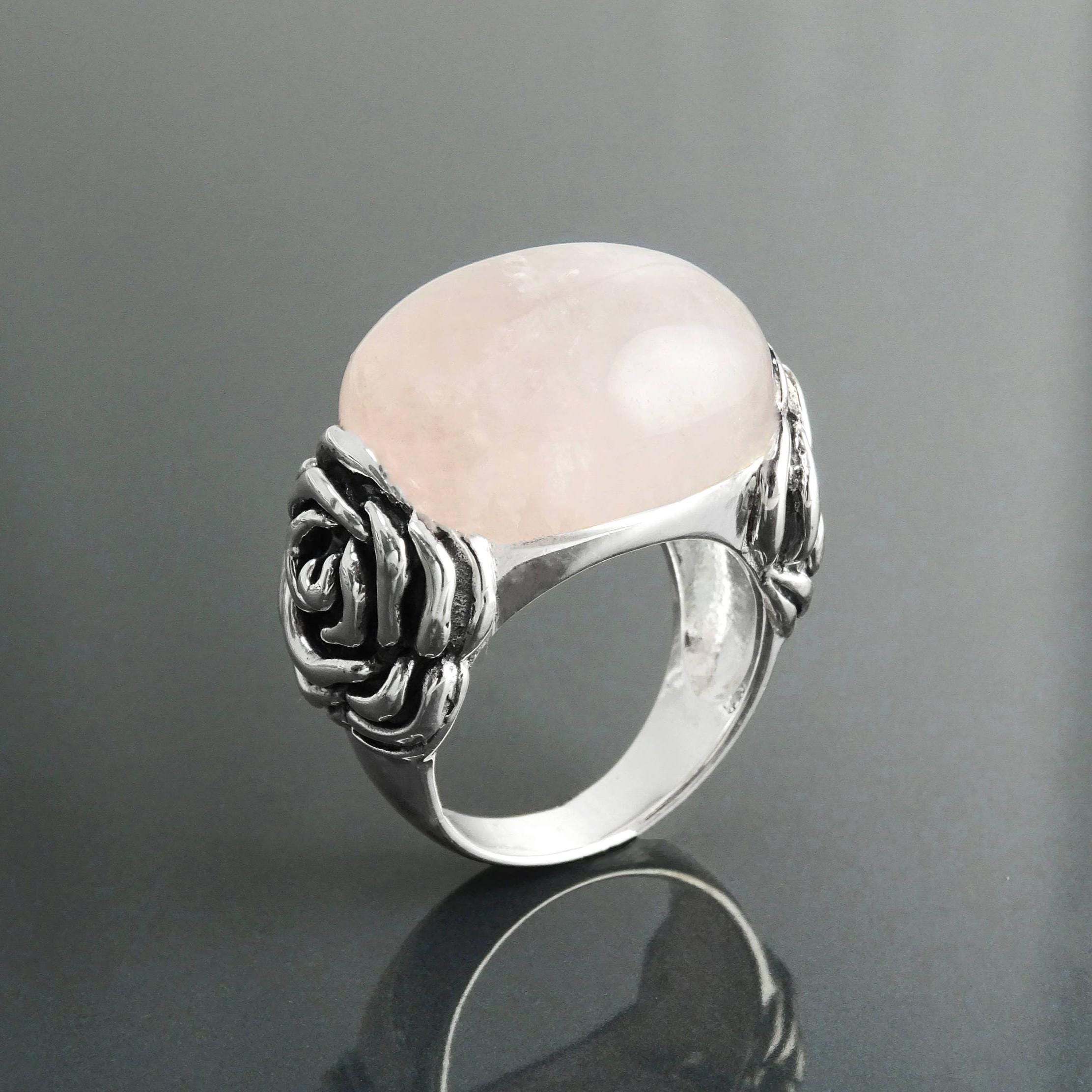 925 Rose Quartz Silver Ring, Sterling Silver jewelry, a Flower motif on each side, Genuine Stone Cabochon, Small Size