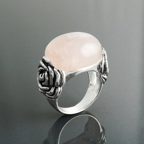 925 Rose Quartz Silver Ring, Sterling Silver jewelry, a Flower motif on each side, Genuine Stone Cabochon, Small Size