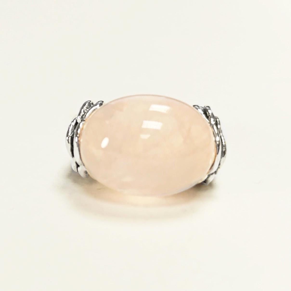 925 Rose Quartz Silver Ring, Sterling Silver jewelry, a Flower motif on each side, Genuine Stone Cabochon, Small Size