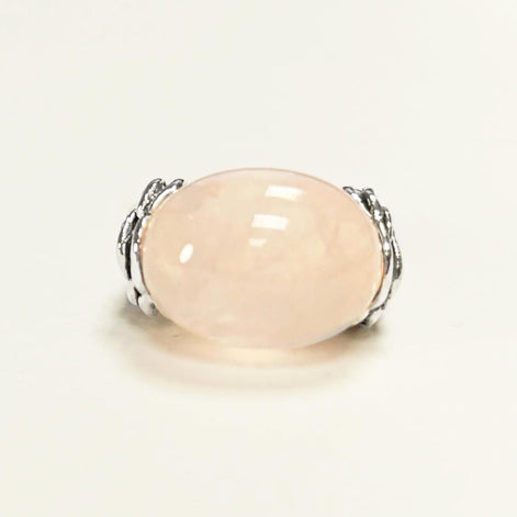 925 Rose Quartz Silver Ring, Sterling Silver jewelry, a Flower motif on each side, Genuine Stone Cabochon, Small Size