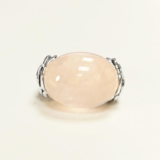 925 Rose Quartz Silver Ring, Sterling Silver jewelry, a Flower motif on each side, Genuine Stone Cabochon, Small Size