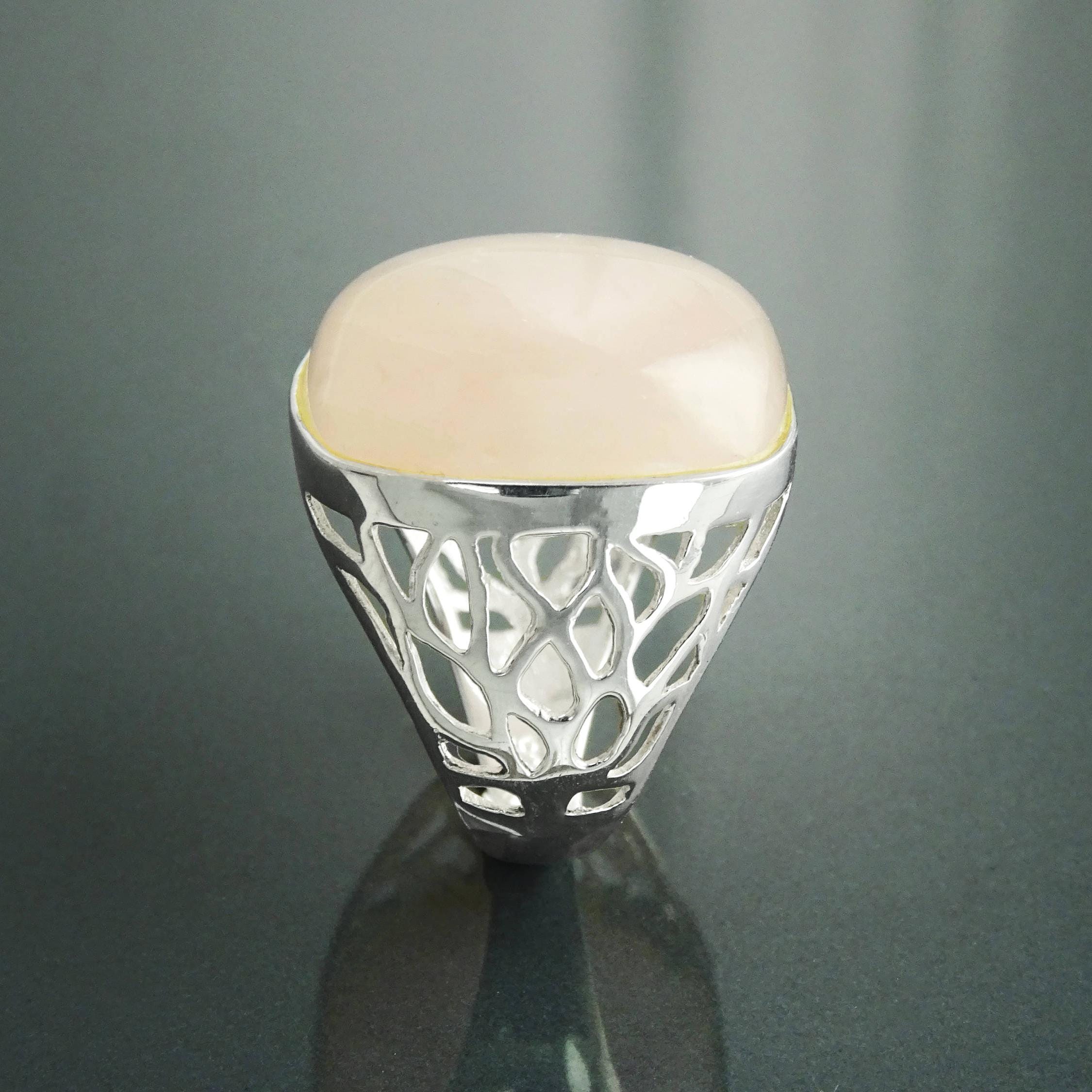 Pink Square Ring, Sterling Silver, NATURAL Rose Quartz Stone, Modern Statement Crystal Gemstone Ring, Bold Filigree Design Jewelry, Gift