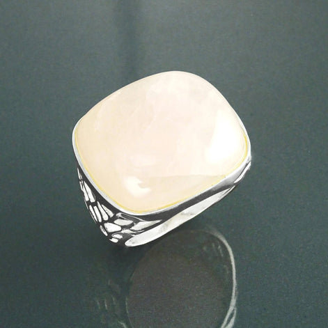 Pink Square Ring, Sterling Silver, NATURAL Rose Quartz Stone, Modern Statement Crystal Gemstone Ring, Bold Filigree Design Jewelry, Gift