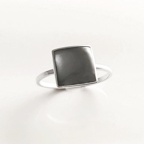 HEMATITE Gray Square Ring, 925 Sterling Silver, Genuine Grey Hematite Stone, Minimalist Ring, Geometric and Design Ring, Dainty Ring.