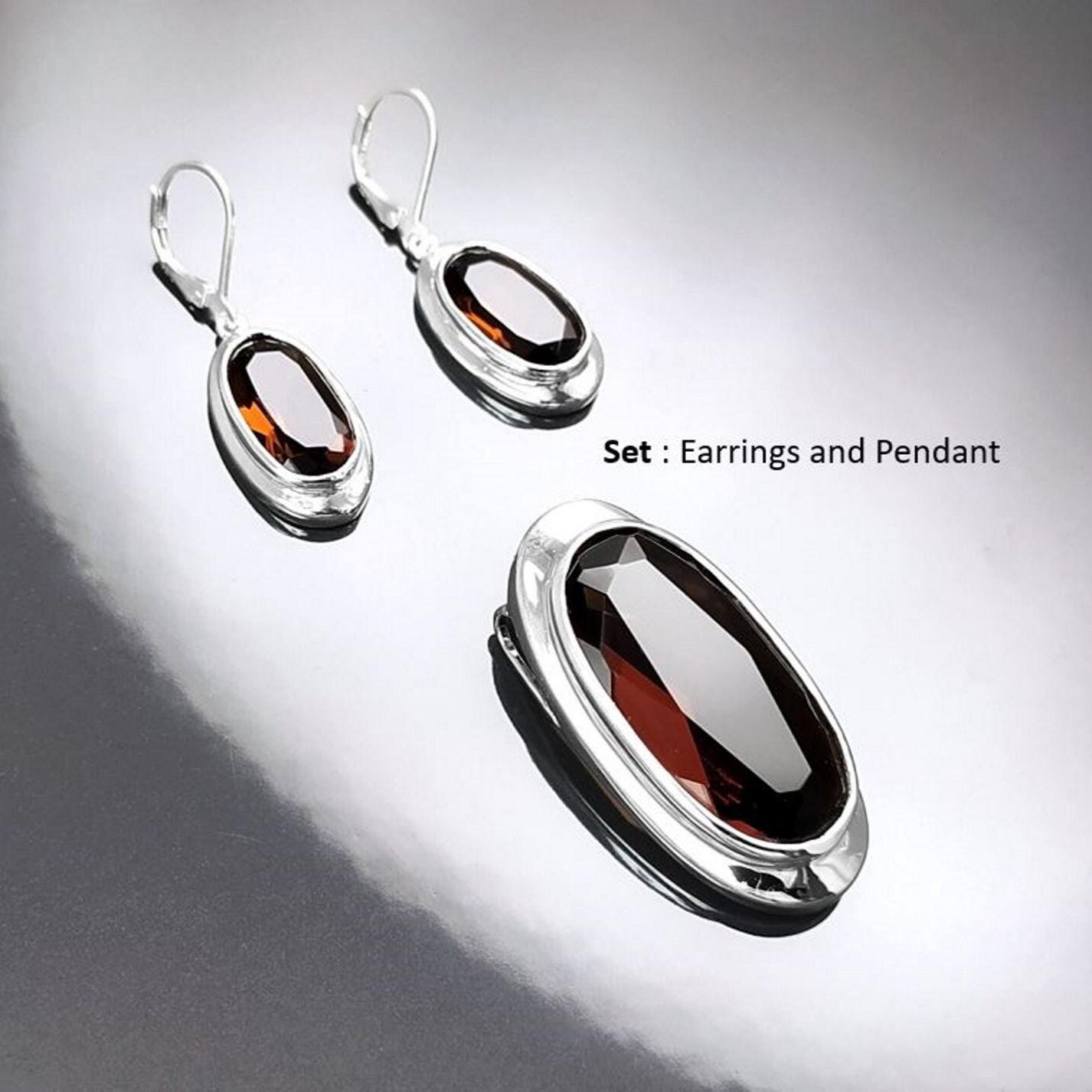 Earrings Large Oval Pendant in Chocolate Brown Set Sterling Silver 925 Diamond-Simulated Zirconia Gift for Women