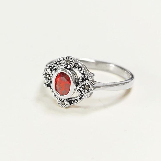 925 Sterling Silver Oval Red Garnet Marcasite Ring, Art Deco Vintage Design Jewelry