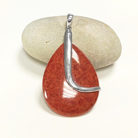 925 Red Oval Pendant, Sterling Silver, Big Enhanced Red Coral, Modern Teardrop Red Stone Jewelry, Bold Statement Red Necklace