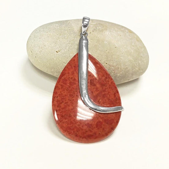 925 Red Oval Pendant, Sterling Silver, Big Enhanced Red Coral, Modern Teardrop Red Stone Jewelry, Bold Statement Red Necklace