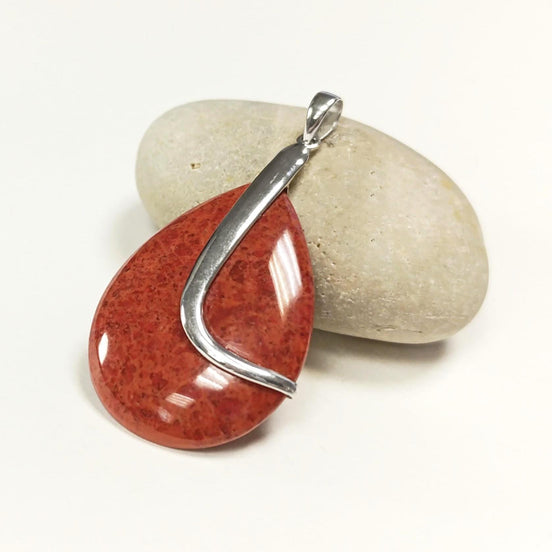 925 Red Oval Pendant, Sterling Silver, Big Enhanced Red Coral, Modern Teardrop Red Stone Jewelry, Bold Statement Red Necklace