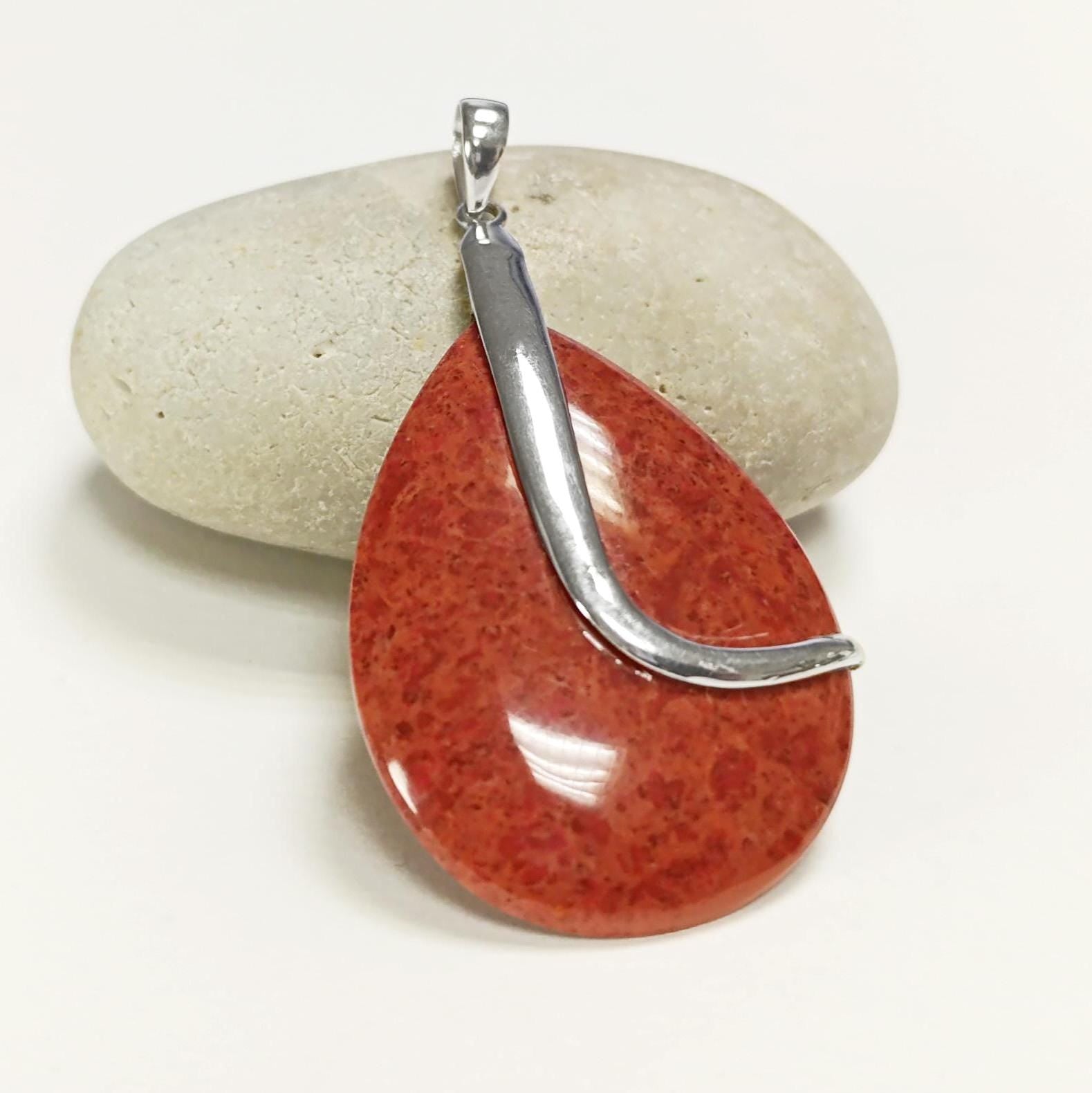 925 Red Oval Pendant, Sterling Silver, Big Enhanced Red Coral, Modern Teardrop Red Stone Jewelry, Bold Statement Red Necklace