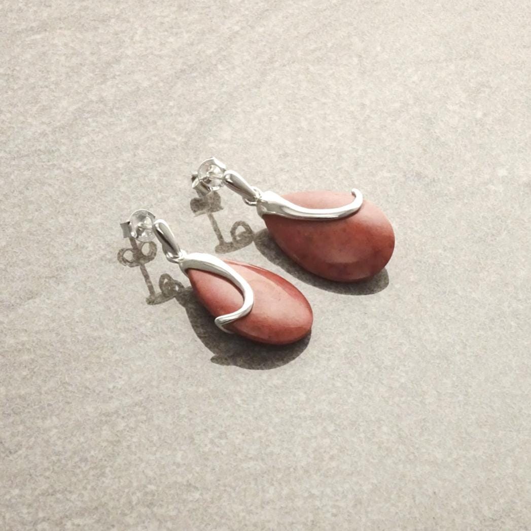 Red Coral Earrings, dyed gorgon Earrings Oval Red Modern Sterling Silver Earrings Teardrop Dangle Earrings party evening cocktail