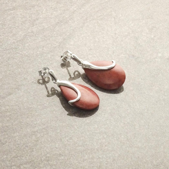 Red Coral Earrings, dyed gorgon Earrings Oval Red Modern Sterling Silver Earrings Teardrop Dangle Earrings party evening cocktail